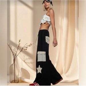 POL Patchwork Star Appliqué Wide Leg Pants Boho Cottagecore M